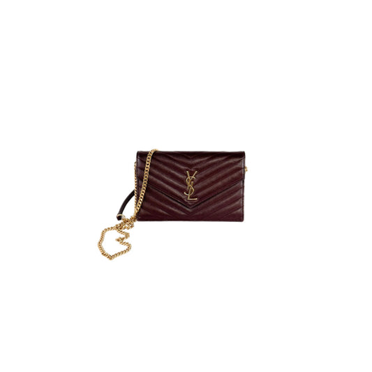 Saint Laurent Burgundy Matelassé Leather Monogram Envelope Wallet on Chain