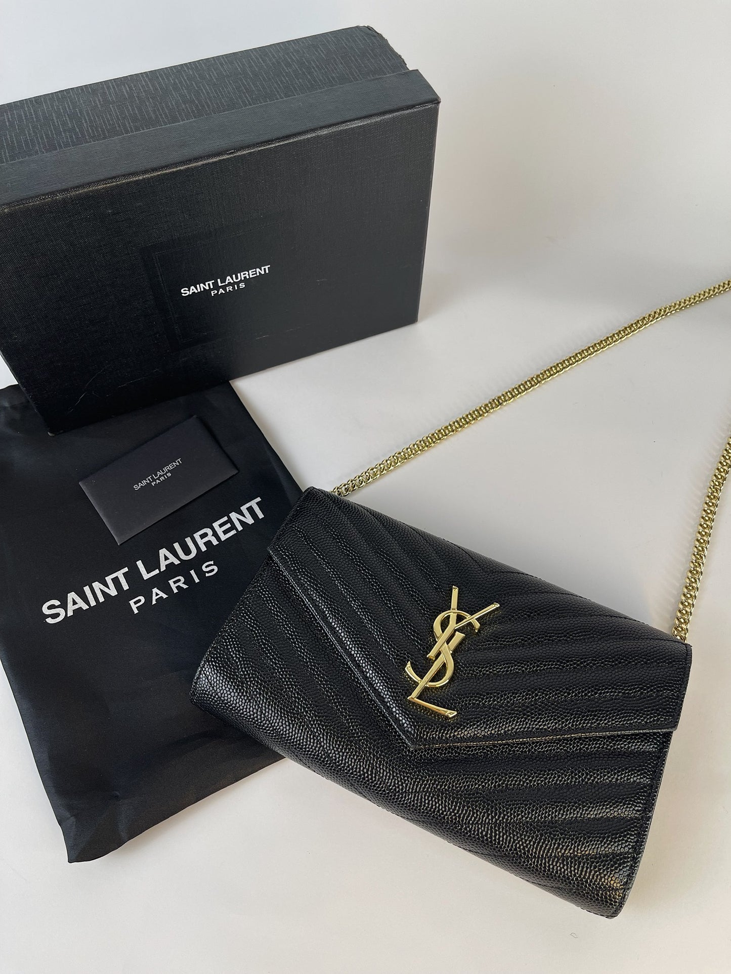Cassandre Saint Laurent Matelassé Chain Wallet In Grain De Poudre Embossed Leather