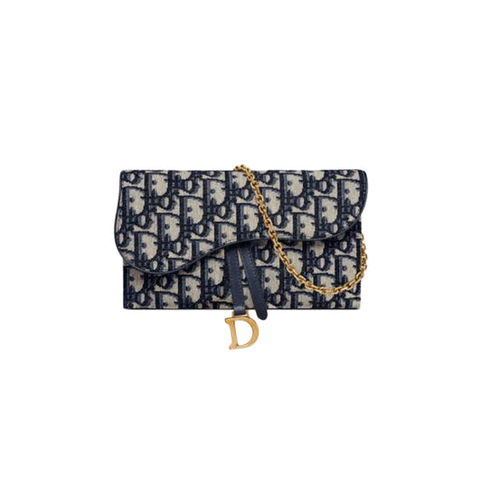 LONG SADDLE WALLET WITH CHAIN Blue Dior Oblique Jacquard