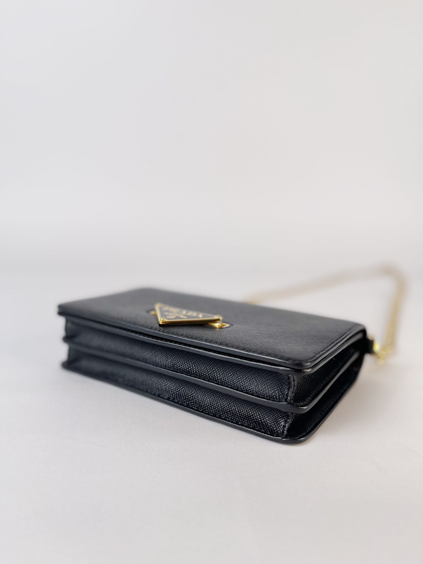 Prada Black Saffiano Flip Lock Wallet on Chain