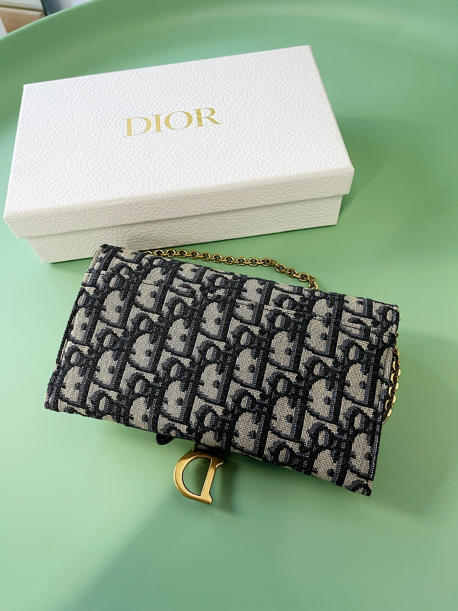 Christian Dior Oblique Saddle Pouch Chain Wallet Jacquard Navy 90189523