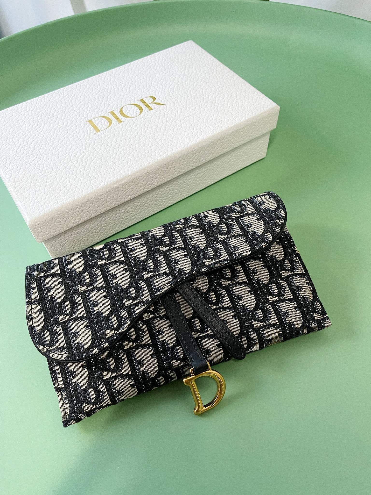 LONG SADDLE WALLET WITH CHAIN Blue Dior Oblique Jacquard