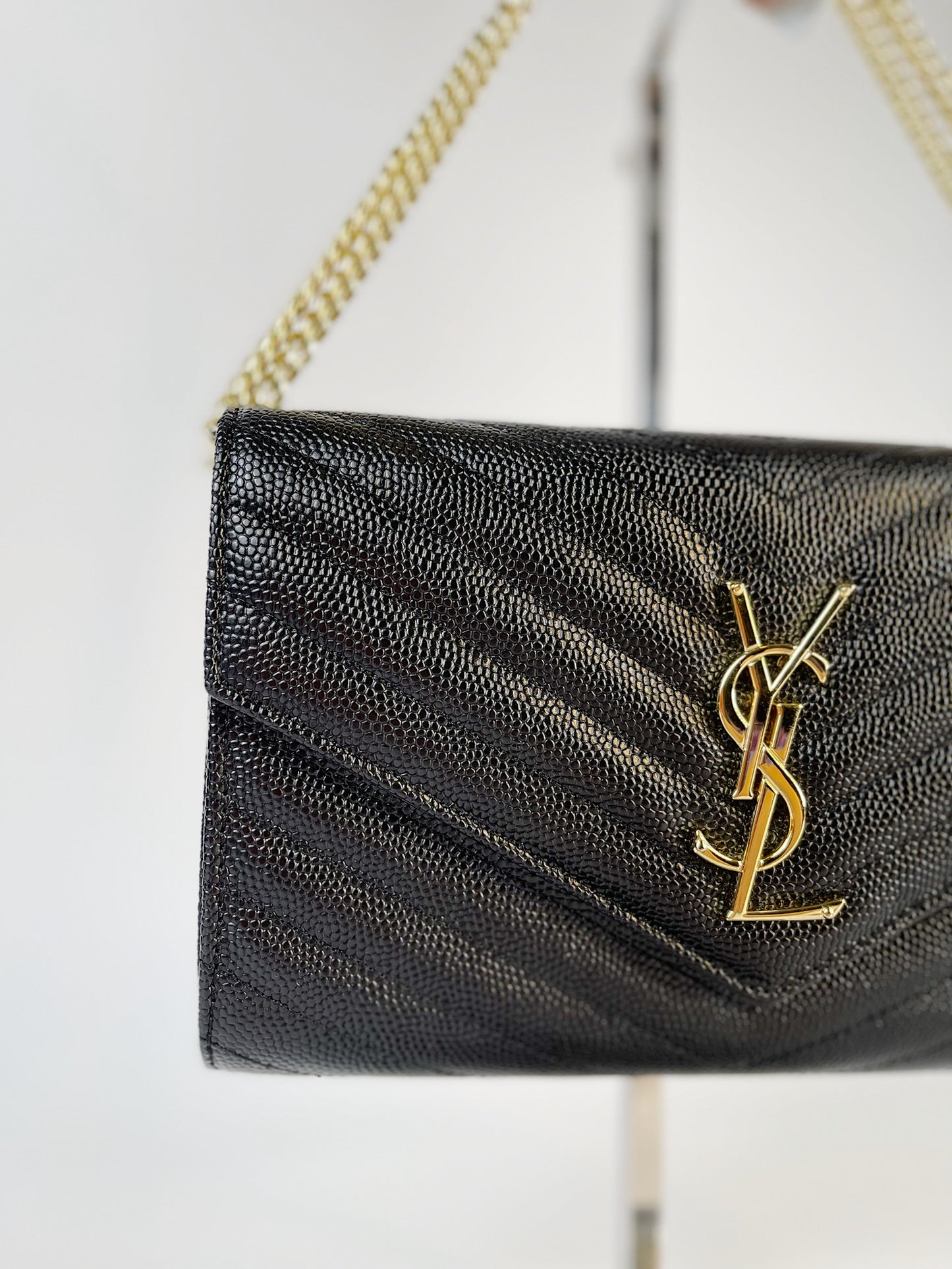 Cassandre Saint Laurent Matelassé Chain Wallet In Grain De Poudre Embossed Leather